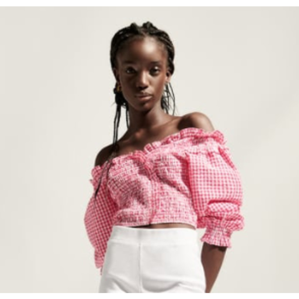 ZARA Stretch Gingham Smocked Top xl red white nwt